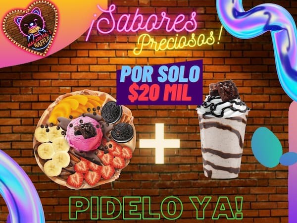 1WAFFLE CROCANTE CON 1HELADO, + 1MALTEADA 12 ONZ CON 4 TOPPING. SYRUP HERSHEYS