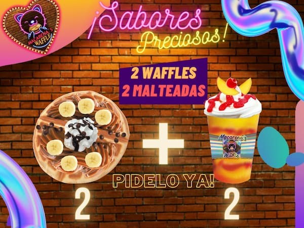 2WAFFLES+2MALTEADAS CREMA,HELADO,FRESAS,OREO,MELOCOTON,BANANO, Y SYRUP HERSHEYS